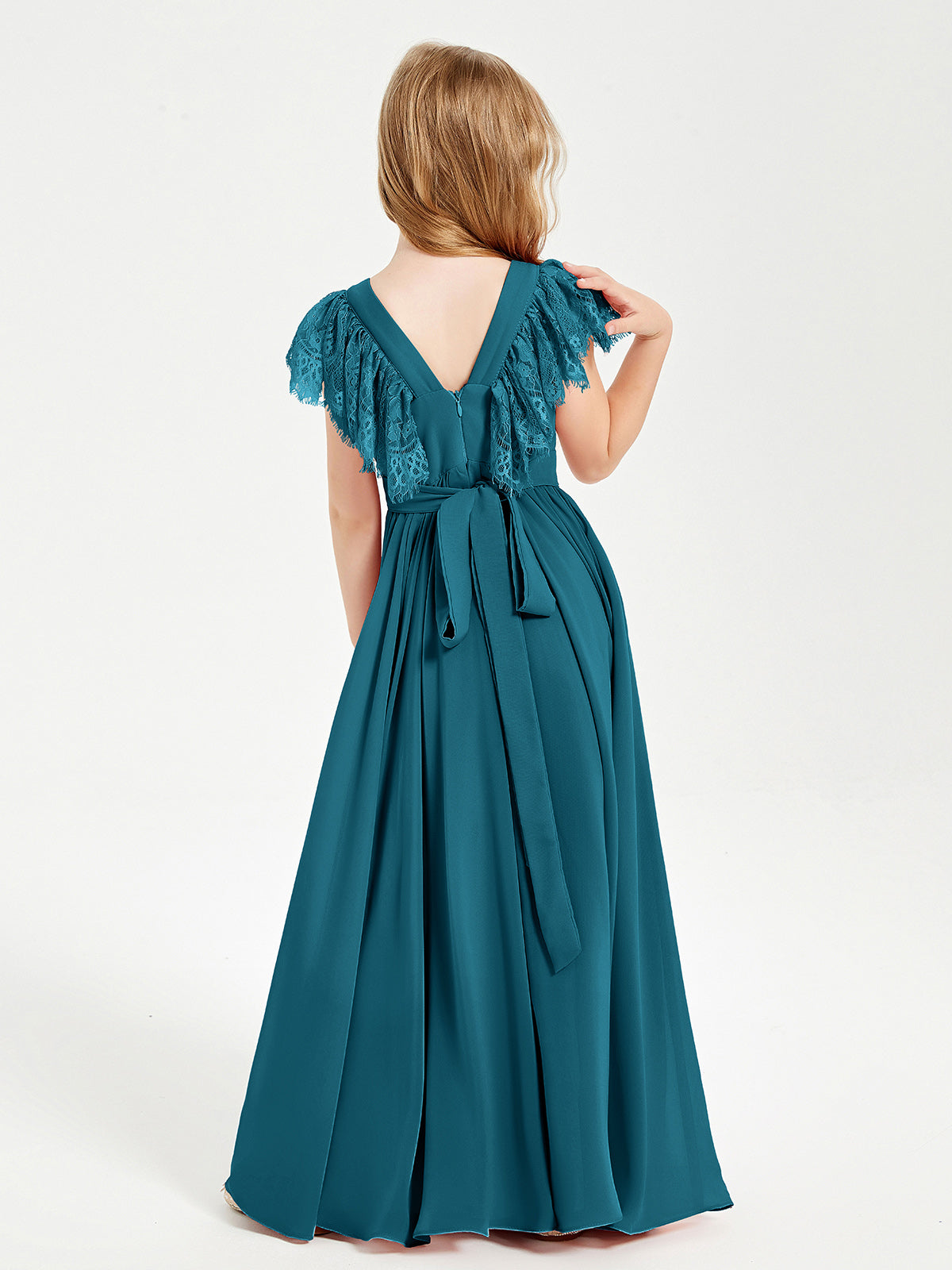 Chiffon Junior Bridesmaid Dresses with Lace Flutter Sleeves Ink Blue